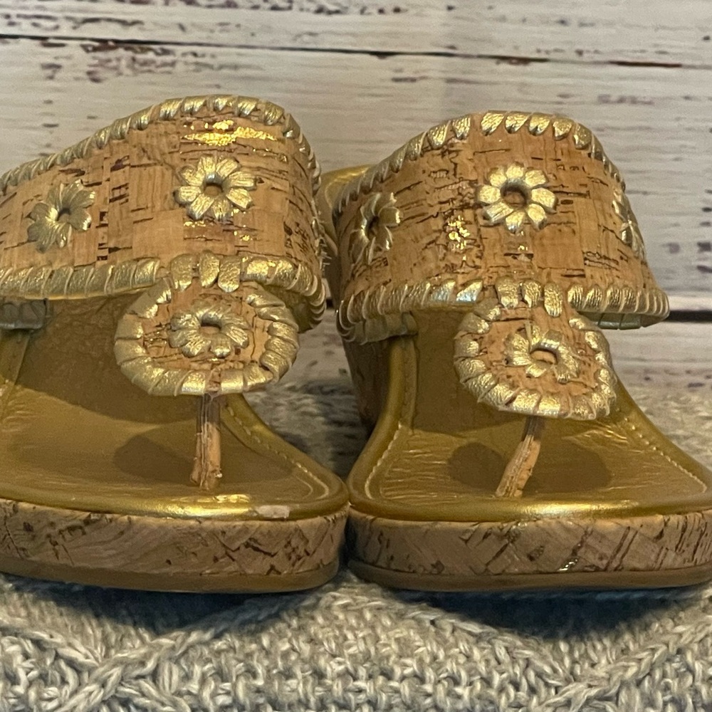 Gold Cork Wedge Thong Sandals - Women's Metallic Gold